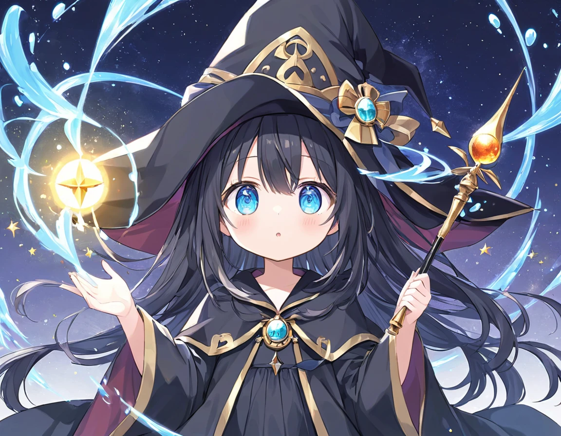 material、thick paint、Fantasy World、Wizard、Black Robe、Black tricorn hat、Black Cape、Holding a magic wand、Girl casting a spell、Long Hair、Droopy eyes、Front View、cute