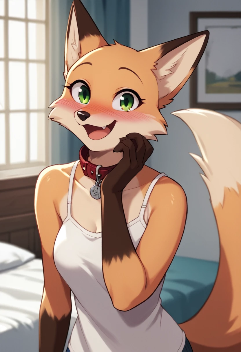 score_9, score_8_up, score_7_up, score_6_up, score_5_up, score_4_up, source_furry, by euf-dreamer, standing, indoors, bedroom, bed, upper body BREAK female, anthro,, fox, tan fur, hand on own face, collar, white camisole,  medium breasts, smile, looking at viewer, green eyes, blush, open mouth  