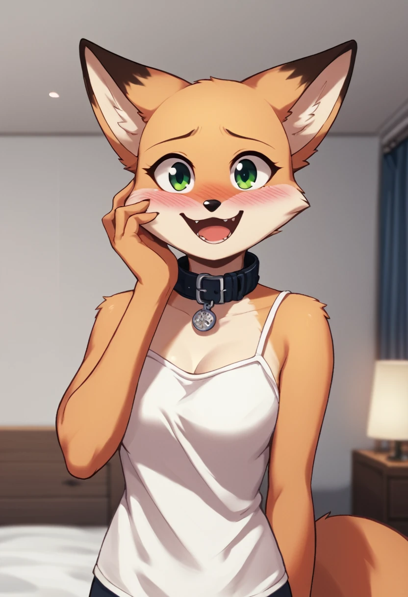 score_9, score_8_up, score_7_up, score_6_up, score_5_up, score_4_up, source_furry, by euf-dreamer, standing, indoors, bedroom, bed, upper body BREAK female, anthro,, fox, tan fur, hand on own face, collar, white camisole,  medium breasts, smile, looking at viewer, green eyes, blush, open mouth  