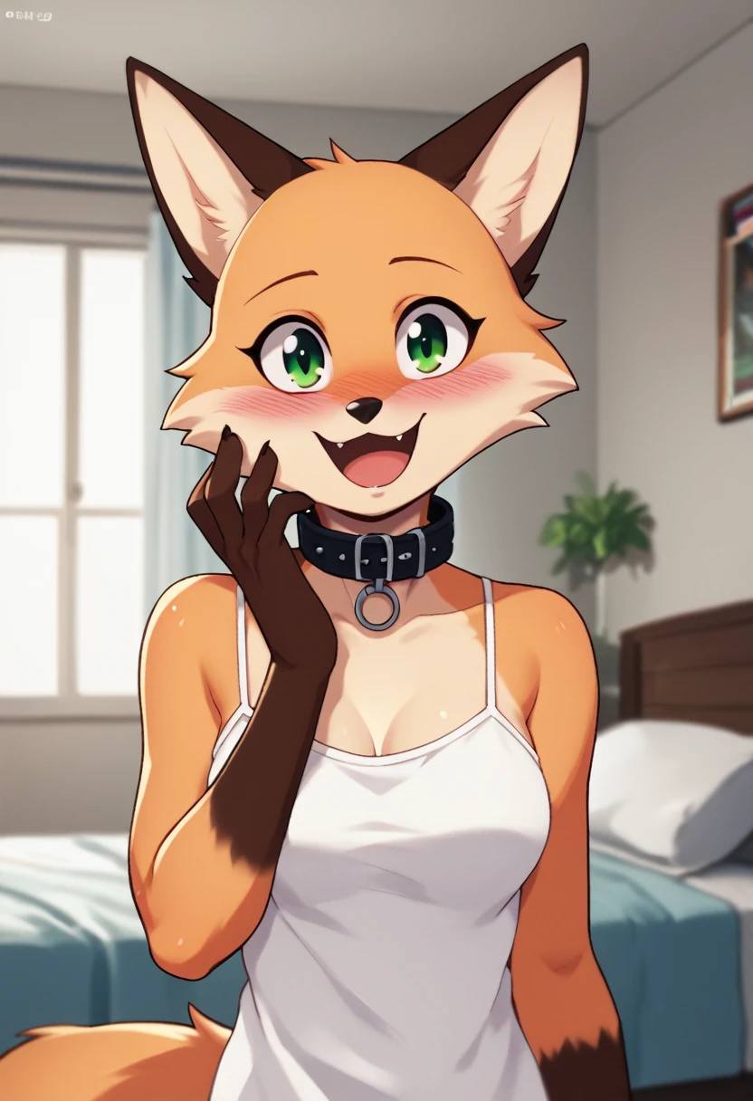 score_9, score_8_up, score_7_up, score_6_up, score_5_up, score_4_up, source_furry, by euf-dreamer, standing, indoors, bedroom, bed, upper body BREAK female, anthro,, fox, tan fur, hand on own face, collar, white camisole,  medium breasts, smile, looking at viewer, green eyes, blush, open mouth  