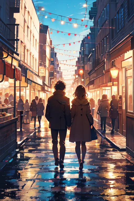 A panoramic cityscape glowing under the midday sun, reminiscent of a dreamy movie scene, as seen from the first-person perspective of a man on a date. The streets are lively yet romantic, with sunlight reflecting off the glass buildings and creating a golden hue on the pavement. The couple walks hand in hand through bright, sunlit pathways, surrounded by vibrant streetlights and colorful signs. The city feels alive, buzzing with energy, and full of possibilities, with the clear blue sky casting a gentle, warm light over the scene.

