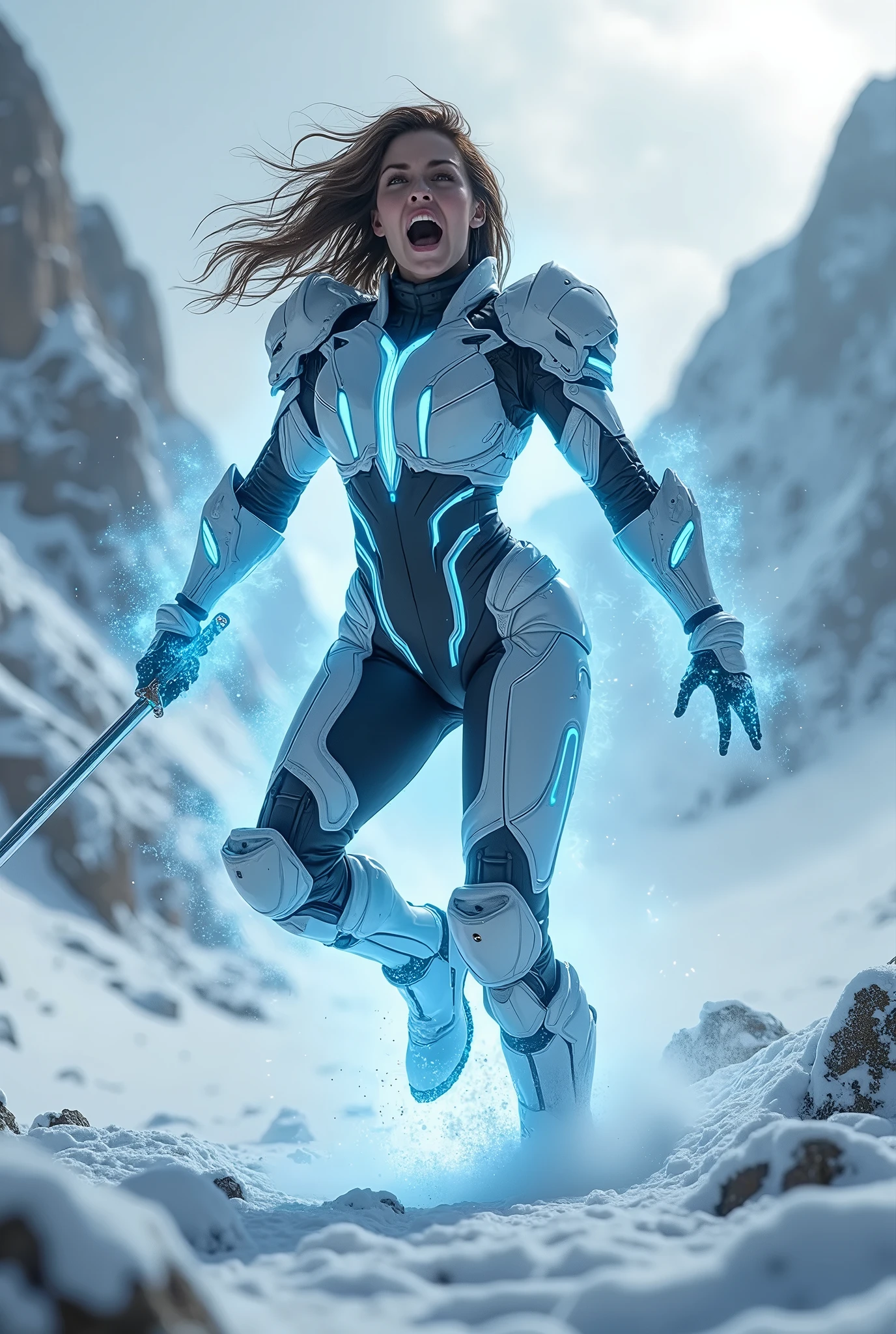 A transforming heroine appears in a hero action scene amid a violently falling avalanche, The body is surrounded by a glowing blue-black energy., Wearing a tight-fitting combat suit, A patchwork combat suit in white, light blue, black and white, Neon-colored line lights that accentuate your figure, A transforming heroine appears from a snowstorm in a jumping pose standing on one leg, Wields a slim rapier, Reinforced parts are attached to the shoulders, chest, waist and shins., Decorative and mechanical reinforcement parts, A glaring, screaming face, Blowing Snowstorm, snow smoke, Falling snow avalanche, Rugged snowy mountain range,Dramatic lighting, Cinematic composition, Super detailed, 8k, Photorealistic, Greg Rutkowski 作, ArtStation.