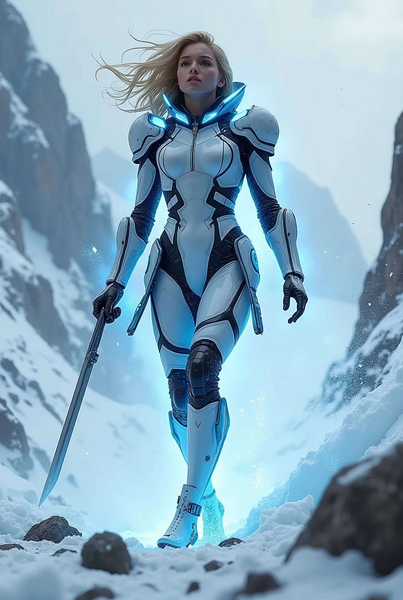 A transforming heroine appears in a hero action scene amid a violently falling avalanche, The body is surrounded by a glowing blue-black energy., Wearing a tight-fitting combat suit, A patchwork combat suit in white, light blue, black and white, Neon-colored line lights that accentuate your figure, A transforming heroine appears from a snowstorm in a jumping pose standing on one leg, Wields a slim rapier, Reinforced parts are attached to the shoulders, chest, waist and shins., Decorative and mechanical reinforcement parts, A glaring, screaming face, Blowing Snowstorm, snow smoke, Falling snow avalanche, Rugged snowy mountain range,Dramatic lighting, Cinematic composition, Super detailed, 8k, Photorealistic, Greg Rutkowski 作, ArtStation.