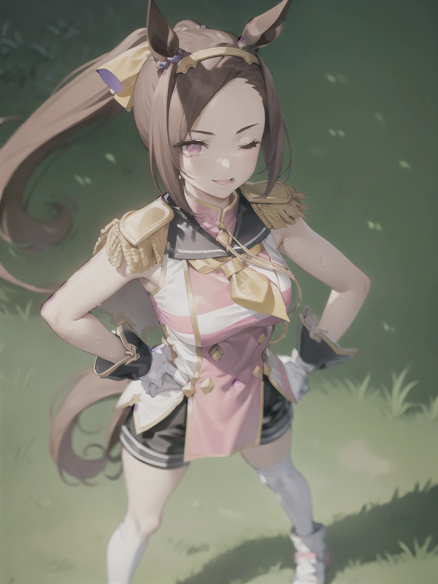 Armpit Show,masterpiece, Best Quality,
sakura bakushin o \(Horse Girl\),
(smileの目:1.1), Eyes closed, whole body, Hands on hips, smile, look up, from above, Open your mouth,
Epaulettes, Sleeveless shirt, Pink Shirt, Sailor collar, Capelet, Yellow neckerchief, Asymmetrical Gloves, Mismatched Gloves, Black shorts, White knee-high, Mismatched footwear