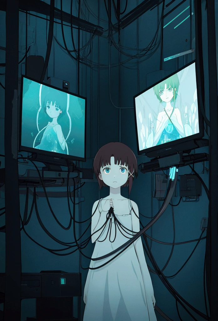 Lain Iwakura, the protagonist from the anime series "Serial Experiments Lain," trapped within a surreal digital realm. Her iconic white dress contrasts sharply against a backdrop of endless circuit boards, neon lights, and tangled wires, creating a visual representation of the Wired, the series' internet equivalent. Lain's wide-eyed expression reflects a mix of curiosity and anxiety as she reaches out, her hand passing through a glowing, transparent computer monitor. The monitor displays a fractured reflection of her face, merging with the abstract patterns of binary code and circuitry that pulse with a life of their own. In the background, the silhouettes of other characters from the show are faintly visible, appearing as though trapped within the digital world's fabric. The scene is bathed in a cold, blue-green light, emphasizing the starkness of the digital environment and Lain's isolation. The perspective is skewed, giving a sense of disorientation, as if the very laws of physics are distorted by the digital domain. The use of intricate detail and bold colors enhances the viewer's perception of depth, drawing them into the complex labyrinth of the computer's inner workings. Throughout the image, there is a tension between the organic and the inorganic, the known and the unknown, perfectly encapsulating the themes of identity and reality in the digital age that the show so expertly explores.