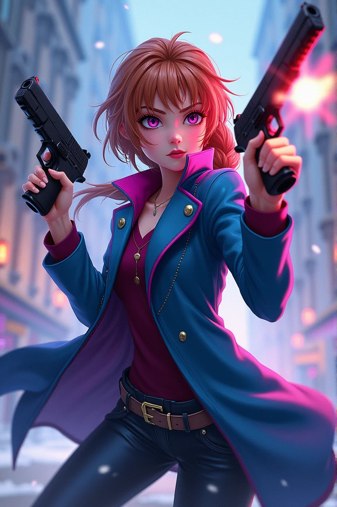 like pop art, best quality, super fine, 16k, incredibly absurdres, extremely detailed, delicate and dynamic, cute female fighter, awkward smile, orange messy wavy short hair, purple eyes, pink seamless turtleneck full bodysuit, purple down jacket, purple long boots, mysterious pop-shaped long gun, wind, wind-effect, background pastel colored lab factory