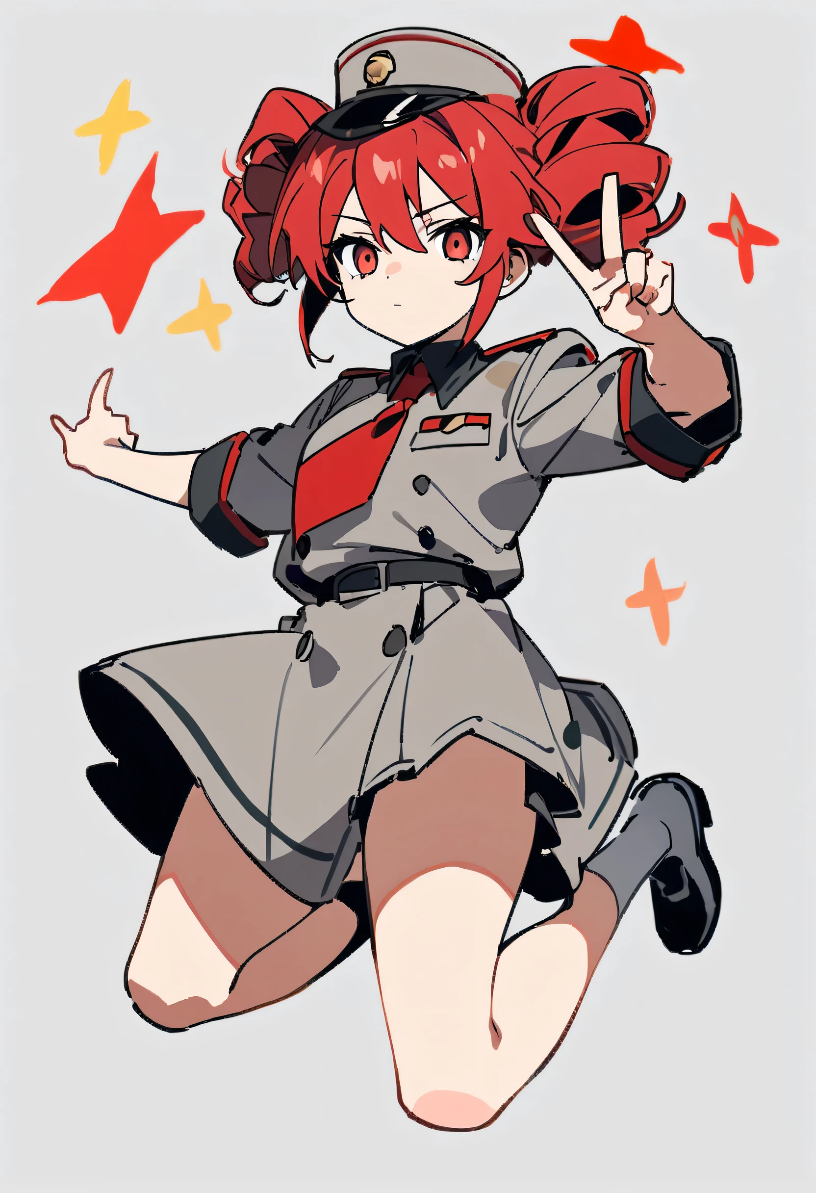 master piece,no background,full body,One Girl、Red Hair、Red eyes、Rui Tet、Expressionless、piece、v sign、Red and grey military uniform、Jump