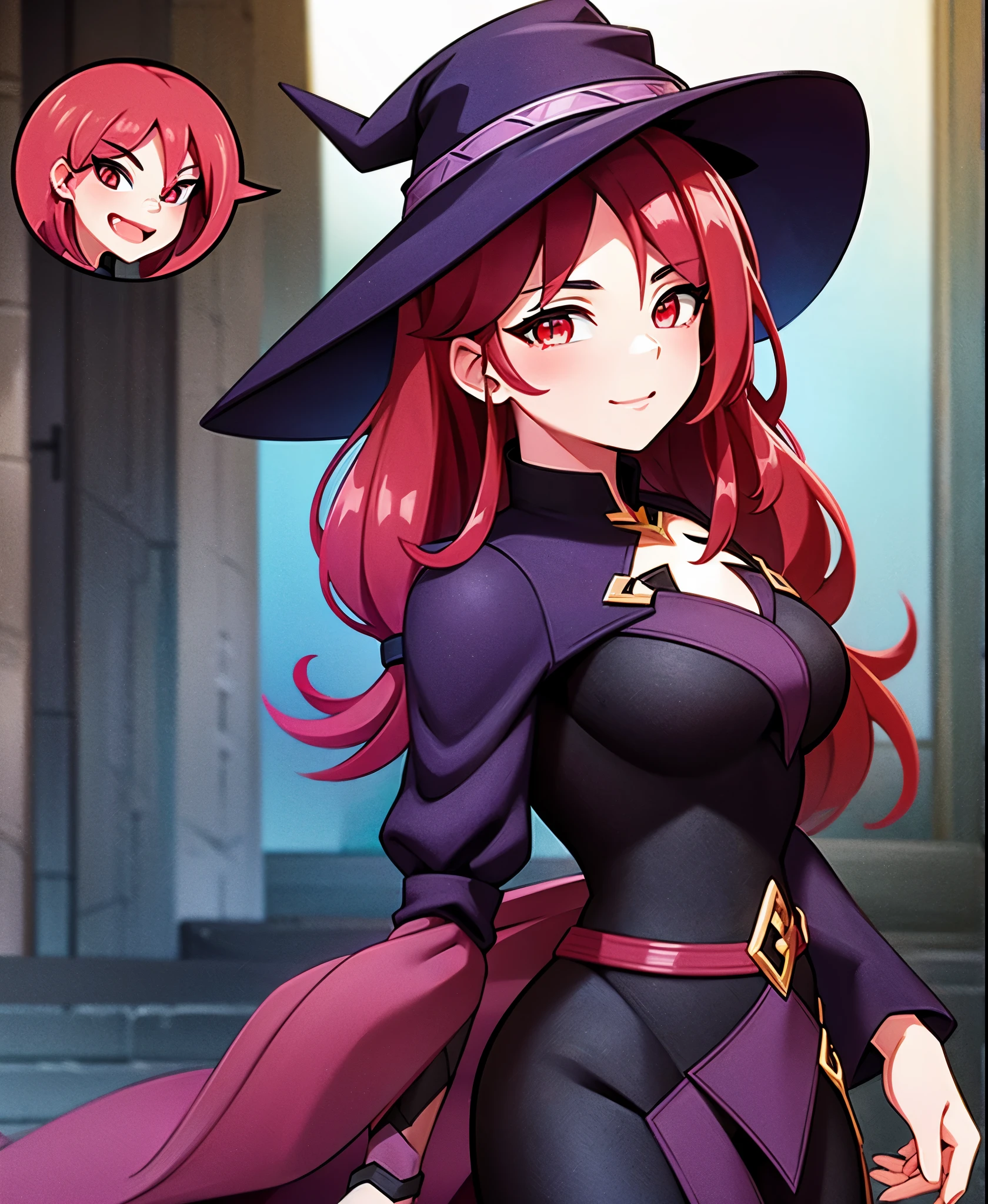 beautiful girl, Red hair, red eyes, dark purple witch clothes