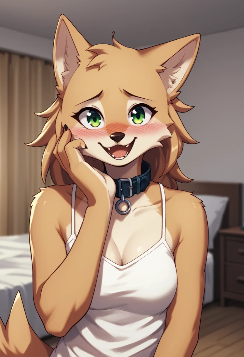 score_9, score_8_up, score_7_up, score_6_up, score_5_up, score_4_up, source_furry, by euf-dreamer, standing, indoors, bedroom, bed, upper body BREAK female, anthro,, wolf, tan fur, hand on own face, collar, white camisole,  medium breasts, smile, looking at viewer, green eyes, blush, open mouth  