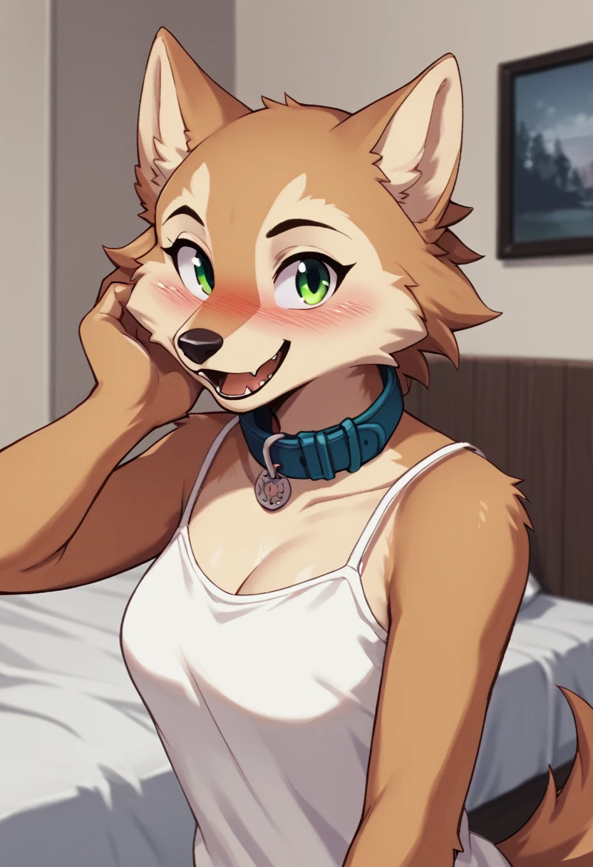 score_9, score_8_up, score_7_up, score_6_up, score_5_up, score_4_up, source_furry, by euf-dreamer, standing, indoors, bedroom, bed, upper body BREAK female, anthro,, wolf, tan fur, hand on own face, collar, white camisole,  medium breasts, smile, looking at viewer, green eyes, blush, open mouth  