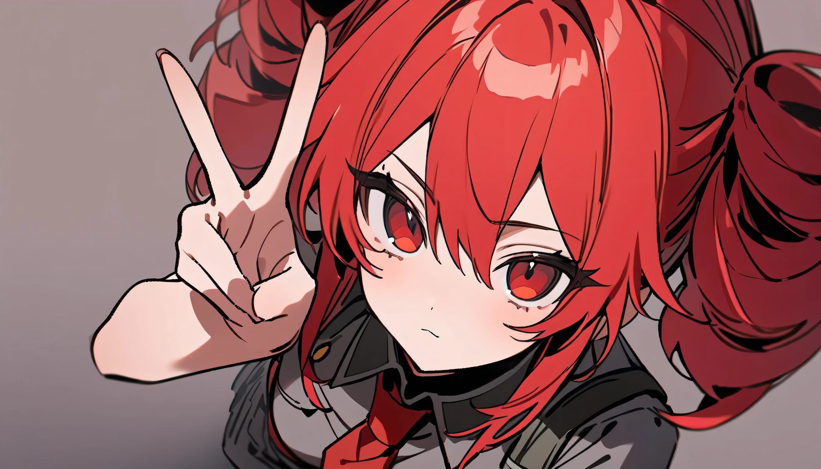 master piece,no background,high quality, High resolution,from above,One Girl、Red Hair、Red eyes、Rui Tet、Expressionless、piece、v sign、Red and grey military uniform,1:3