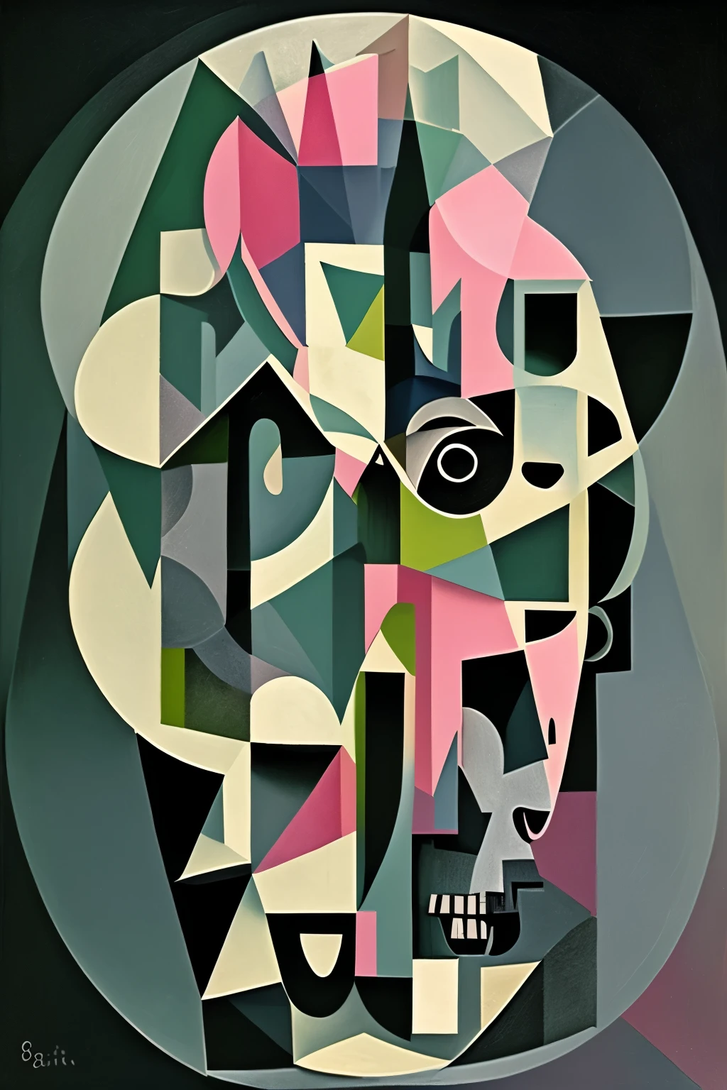 Skull portrait, picasso style, cubism, round, cube, circle, triangle, artistic composition, cubism, black, white, gray, muted colors, gray pink, gray green 