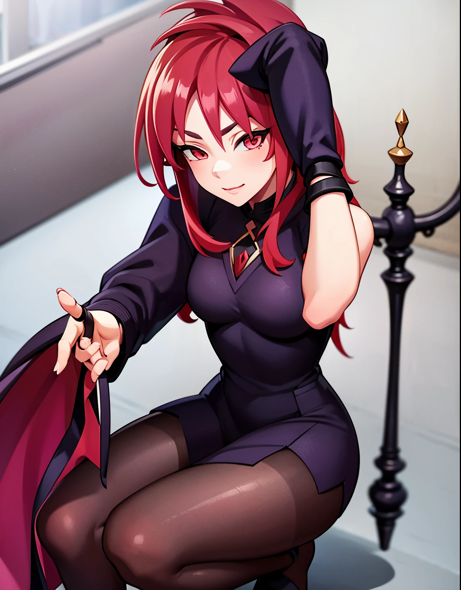 beautiful girl, Red hair, red eyes, dark purple witch clothes, pose sexy