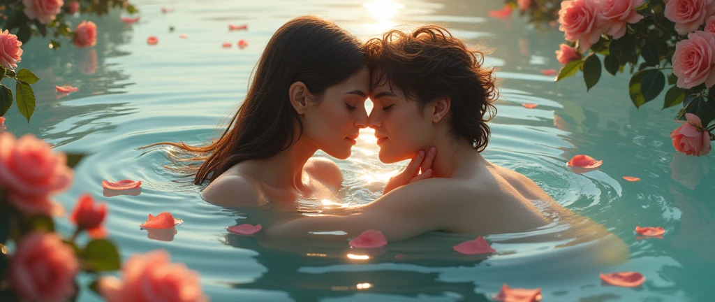 Zena Holloway style portrait photo of a (nude boy) (kiss) a (nude girl) at river bank surrounded by pretty flowers in summer morning BREAK professional portrait photo, dynamic pose, dynamic composition, dynamic lighting, realistic proportions, extreme detailed, intricate details, hdr, raytracing, 16k resolution, ultra realistic, ultra detailed, photorealistic, highly detailed atmosphere, highly detailed textures
