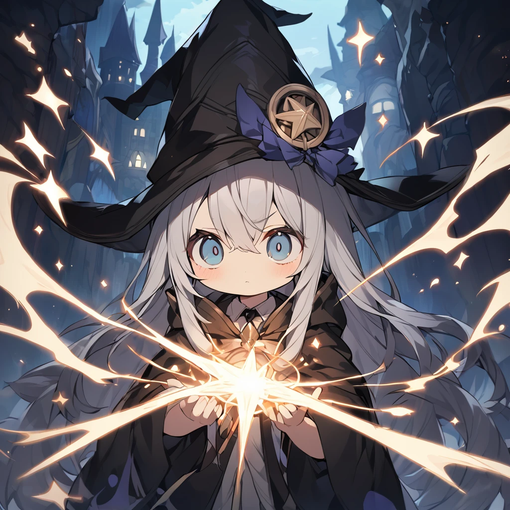 material、thick paint、Fantasy World、Wizard、Black Robe、Black tricorn hat、Black Cape、Holding a magic wand、Girl casting a spell、Long Hair、Droopy eyes、Front View、cute