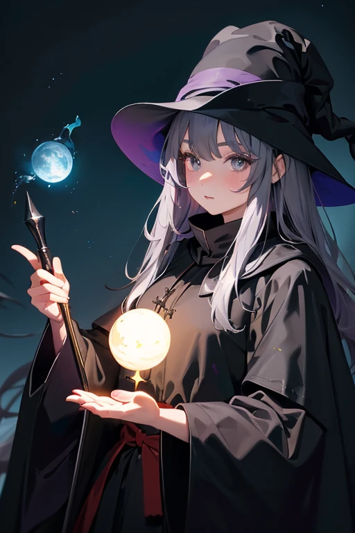 material、thick paint、Fantasy World、Wizard、Black Robe、Black tricorn hat、Black Cape、Holding a magic wand、Girl casting a spell、Long Hair、Droopy eyes、Front View、cute