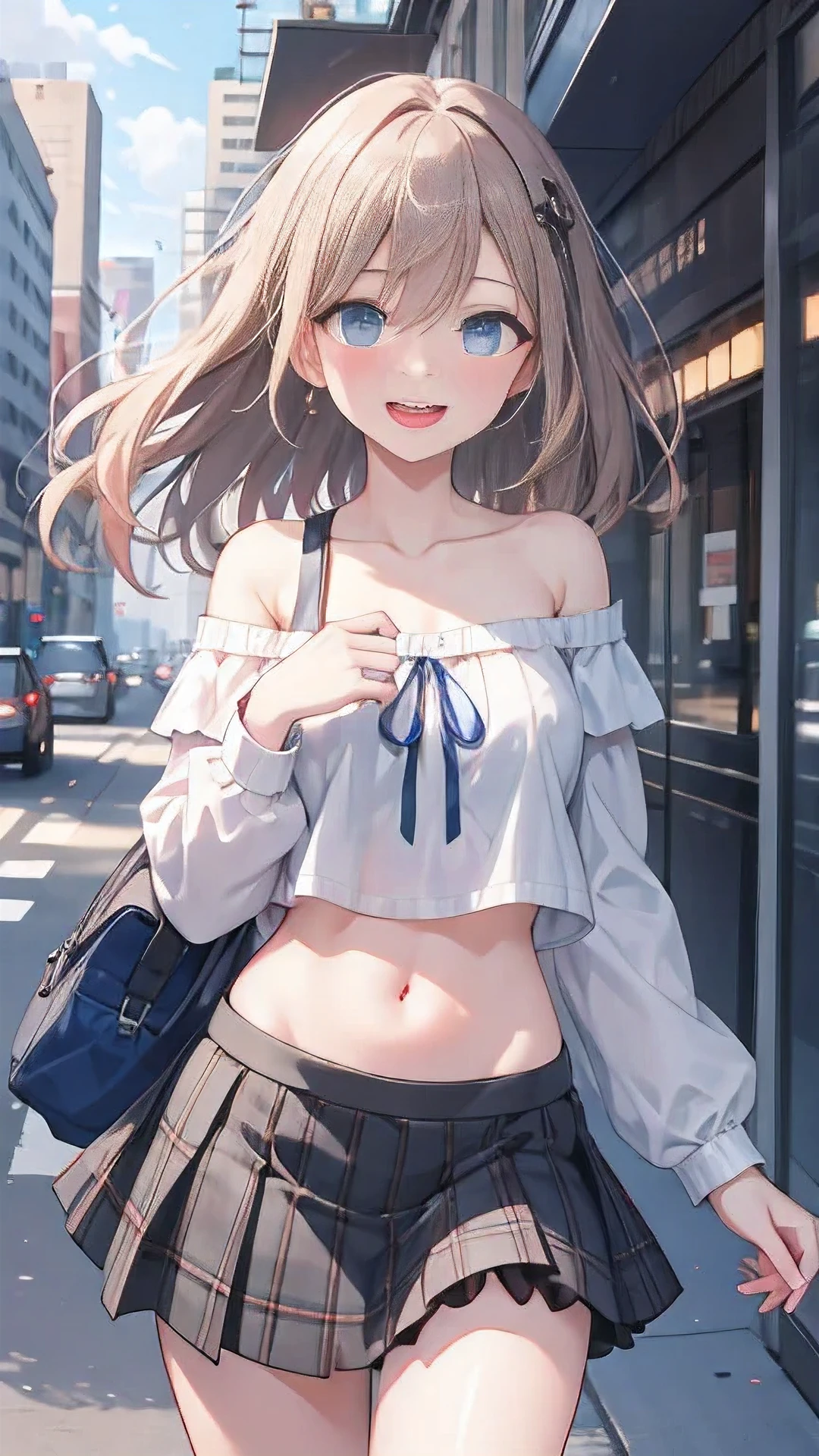 1girl, romantic academia, (masterpiece, best quality, ultra-detailed:1.2), 20yo, short, slender body, pale skin,
big eyes, droopy eyes, (cobalt blue eyes:1.1), light brown hair, {shoulder length hair}, hairs between eyes, BREAK,
(white dress shirt, off shoulder), crop top navel, long sleeve, (tartan, black frilled skirt),
happy, smile, embarrassed, BREAK,
in the morning, in the city, on the street, 
standing, looking at viewer, cowboy shot,