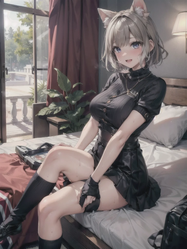 ((Best Quality)), ((masterpiece)), (detailed), One Girl,(Knee-length),Private Server,Model body type,Big Breasts,(Short skirt),(Black knit sweater),(Open Chest Button),((Black knee-high socks)), woman,(Mischievous Appearance),((Excited expression)),Viewer attention required,Nswf Japanese,(Attractive looks),Sweating,Teary-eyed,night,bed,Male elementary school student showing his penis,Standing boy,(There is a girl sitting),(Standing boyがペニスをwomanに向けます),((ペニスにキスするwoman)),(),(Side view,((とwoman))