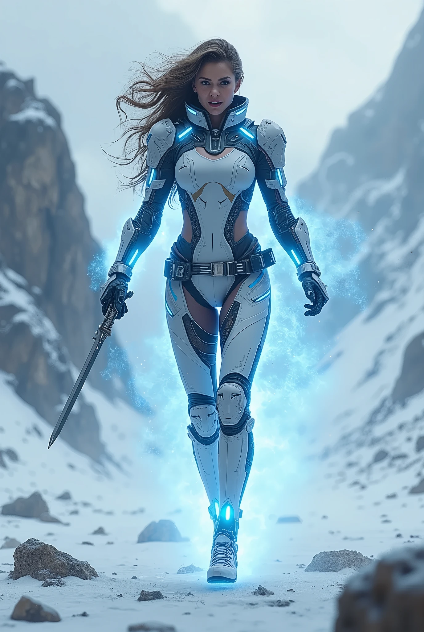 A transforming heroine appears in a hero action scene amid a violently falling avalanche, The body is surrounded by a glowing blue-black energy., Wearing a tight-fitting combat suit, A patchwork combat suit in white, light blue, black and white, Neon-colored line lights that accentuate your figure, A transforming heroine appears from a snowstorm in a jumping pose standing on one leg, Wields a slim rapier, Reinforced parts are attached to the shoulders, chest, waist and shins., Decorative and mechanical reinforcement parts, A glaring, screaming face, Blowing Snowstorm, snow smoke, Falling snow avalanche, Rugged snowy mountain range,Dramatic lighting, Cinematic composition, Super detailed, 8k, Photorealistic, Greg Rutkowski 作, ArtStation.