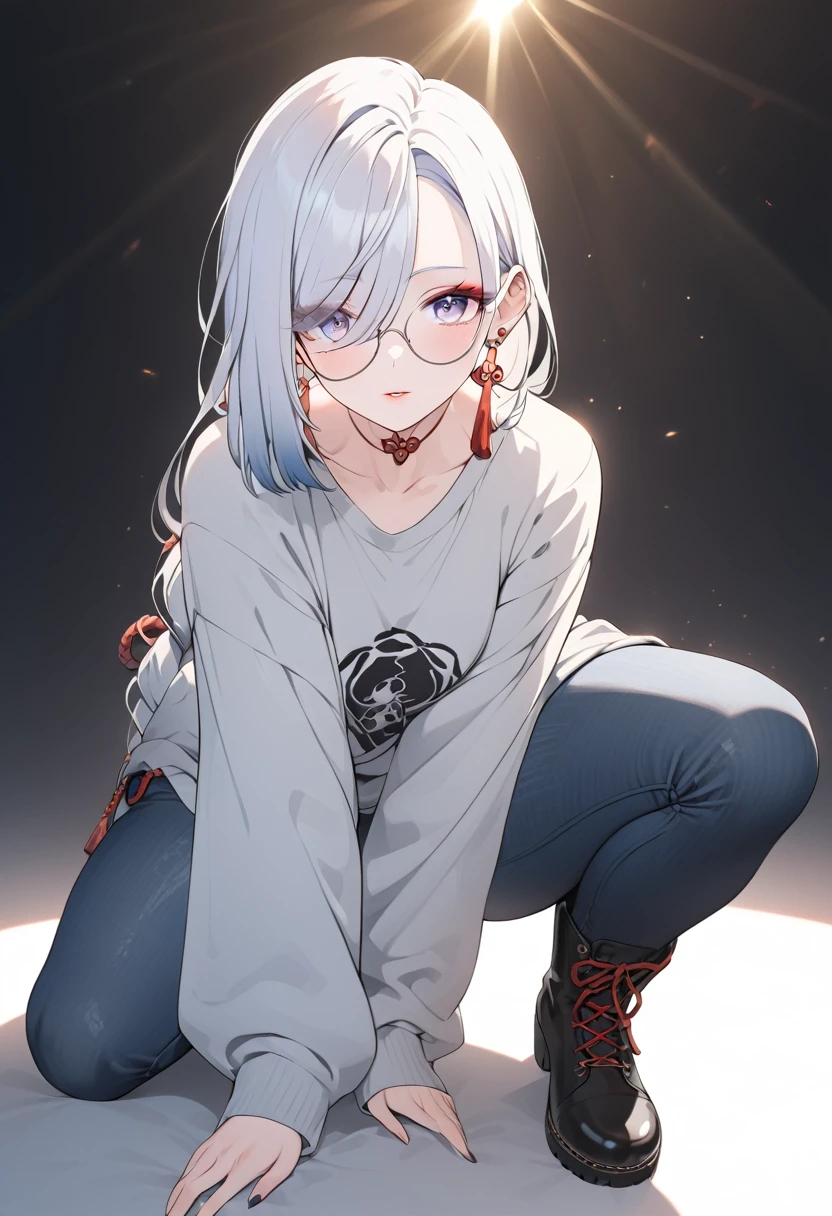 A stylish oversized sweater with a graphic design, skinny jeans, fashionable boots, beautiful detailed face, beautiful detailed eyes, beautiful detailed lips, highly detailed,8k, highres, masterpiece, ultra-detailed, studio lighting, vivid colors, fashion, trending, stylish, elegant, cinematic lighting,full body , shenhe, blue eyes, braided ponytail, earrings, eyelashes, eyeliner, eyes visible through hair, eyeshadow, hair between eyes, makeup, red eyeshadow, sidelocks, single earring, symbol-shaped pupils, tassel, tassel earrings, white hair, long hair, whole body, wearing round glasses