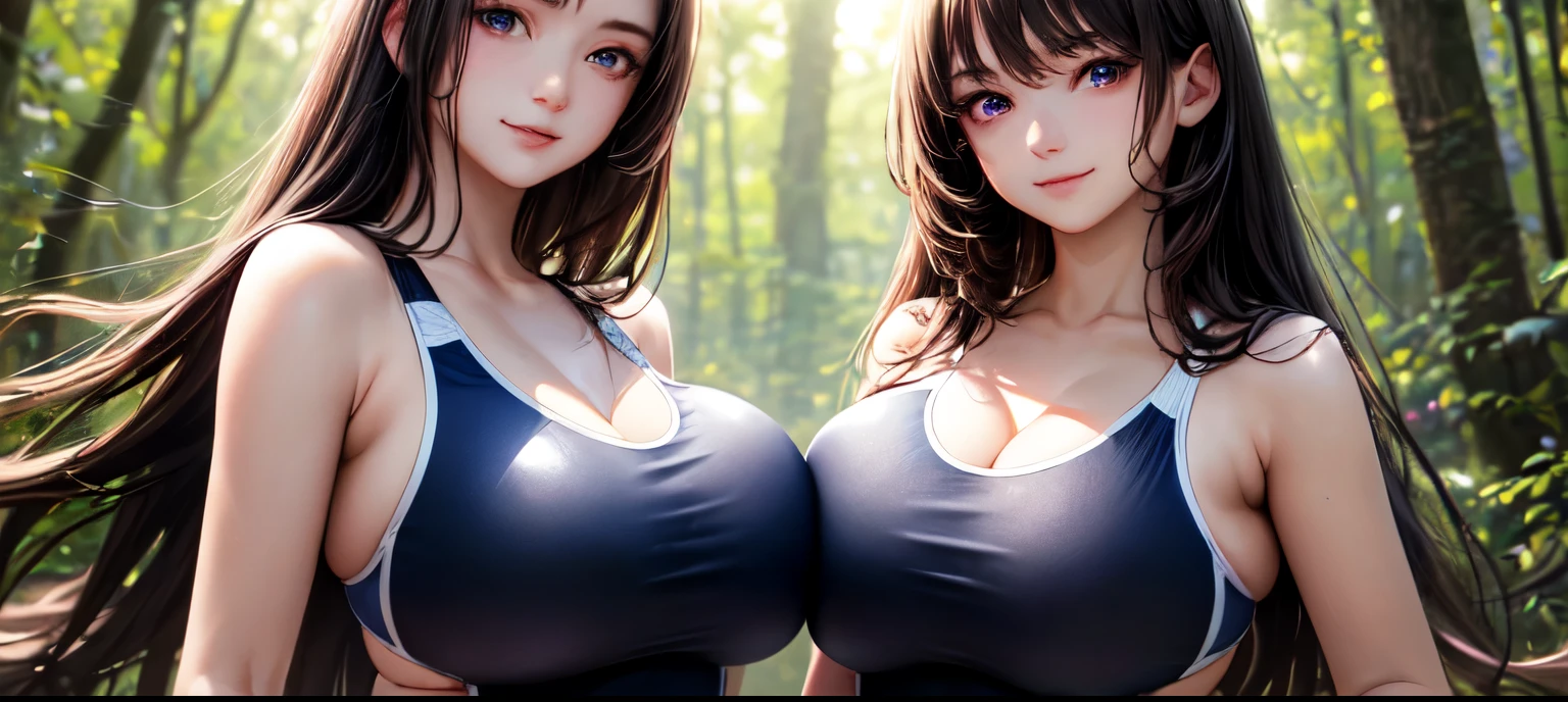 (2young girls), (best quality), (ultra-detailed), illustration, (detailed light), (an extremely delicate and beautiful), brown hair, brown eyes, model, (Beautiful big breasts:1.3), bare shoulders, best quality, extremely detailed CG unified 8k wallpaper, High-definition raw color photos, professional photography, (((Bokeh))), depth of fields, beach, sea, twilight, sunset,