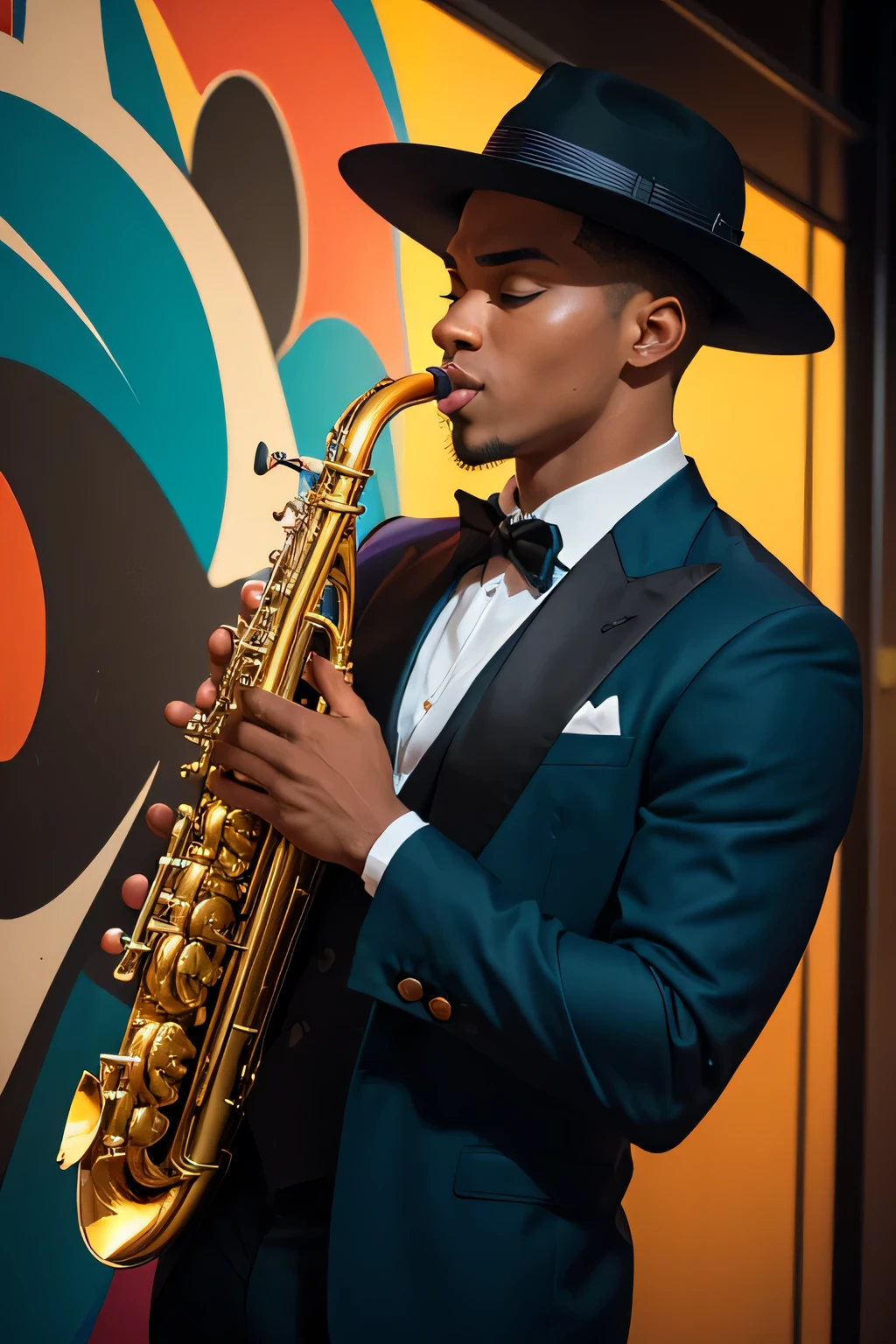 Create a vibrant, jazz-themed artwork featuring a male saxophone player. He wears a striking red pinstriped suit and a black fedora, adding a vintage flair to his look. The musician is deeply immersed in his performance, playing a saxophone with passion. Behind him, abstract splashes of teal, orange, and other warm tones create an energetic, urban backdrop, with subtle hints of a city skyline and moonlight. The atmosphere is vibrant, with rhythmic colors complementing the dynamic mood of the jazz scene."