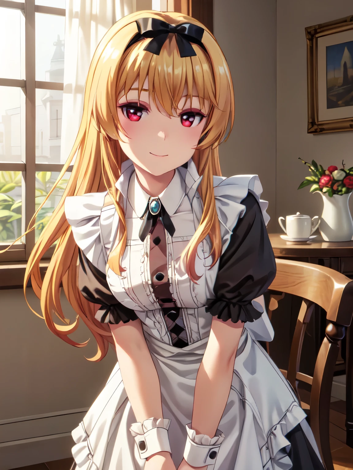 masterpiece、Best Quality、One Girl、Smiling、solo、indoor、underwear、High resolution、Yue、Closed Mouth、smile、Long Hair、Red attractive eyes、Hairbands、Hair Ribbon、brooch、(victorian maid outfit:1.5)、Beautiful thighs、Beautiful Eyes、Sharp pupils、(Genuine、Realistic、Realistic:1.2)、High resolution、High resolution、 super fine painting、Cowboy Shot