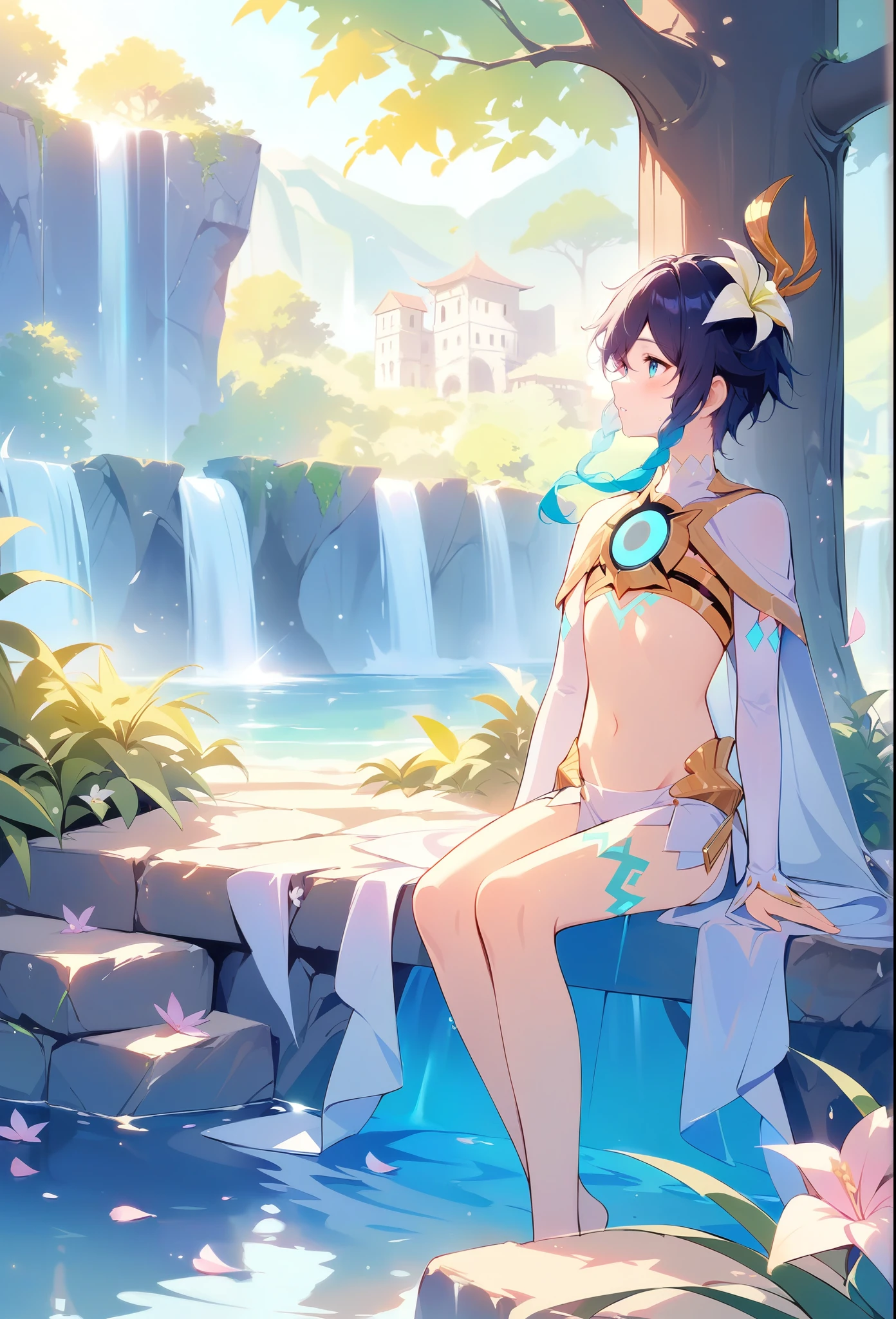 (masterpiece,best quality,4k,8k,absurdres:1.2),1boy,flat chest,venti_(archon)_(genshin_impact),bare stomach,graceful,black hair,ancient ruins,manga,natural lighting,full background,beautiful,perfect,building,scenery,garden,surreal,isolated,water,ocean,floating particles,vivid,fantasy:1.1,shimmer,shallow depth of field,perfect lighting,bloom,day,atmospheric,blue sky,above the clouds,windy,flying petals,tree,waterfall,water,stream,dappled sunlight,halation:0.8,paradise,highres,dsmile