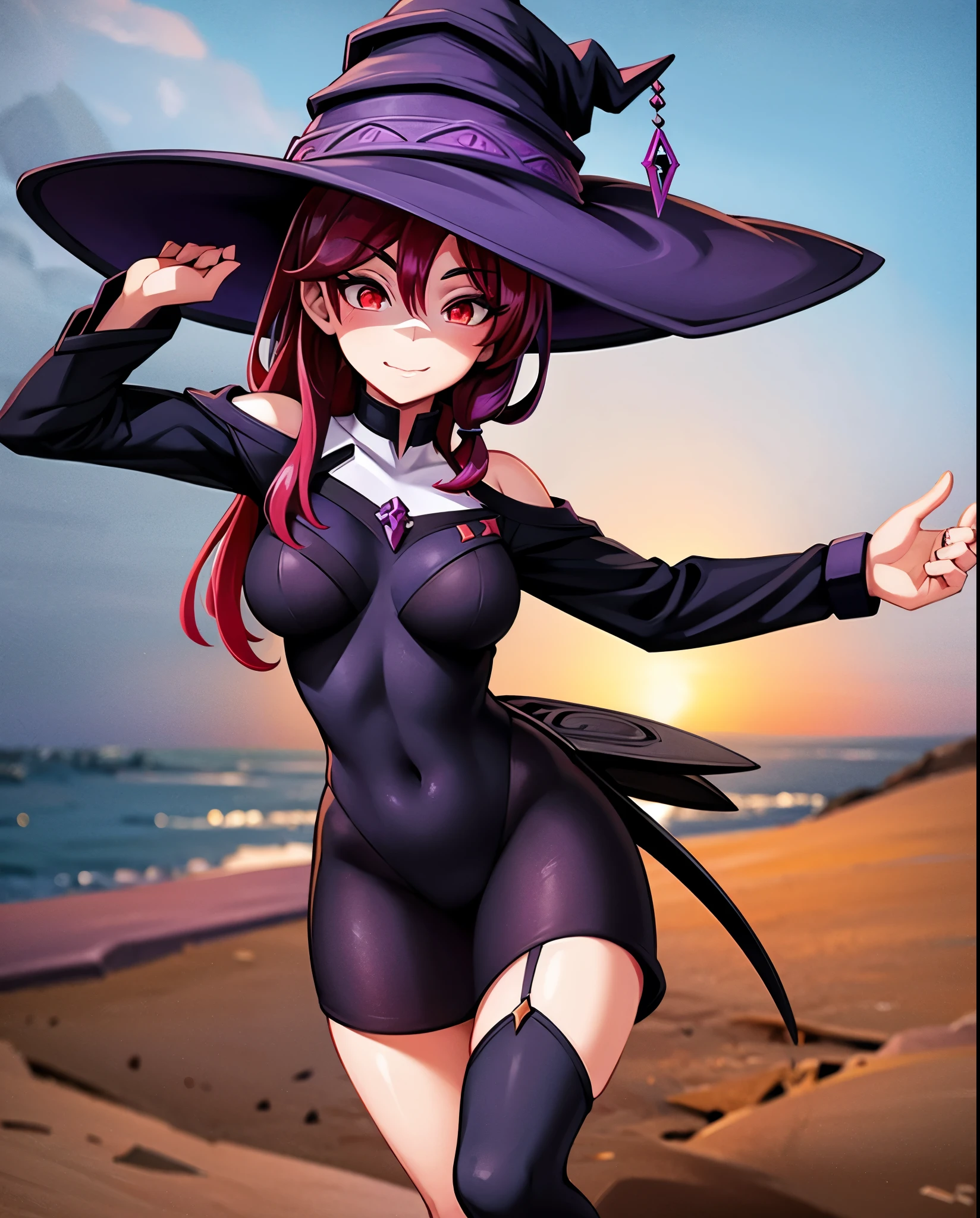 beautiful girl, Red hair, red eyes, dark purple witch clothes, walking, good body, with dark purple witch hat