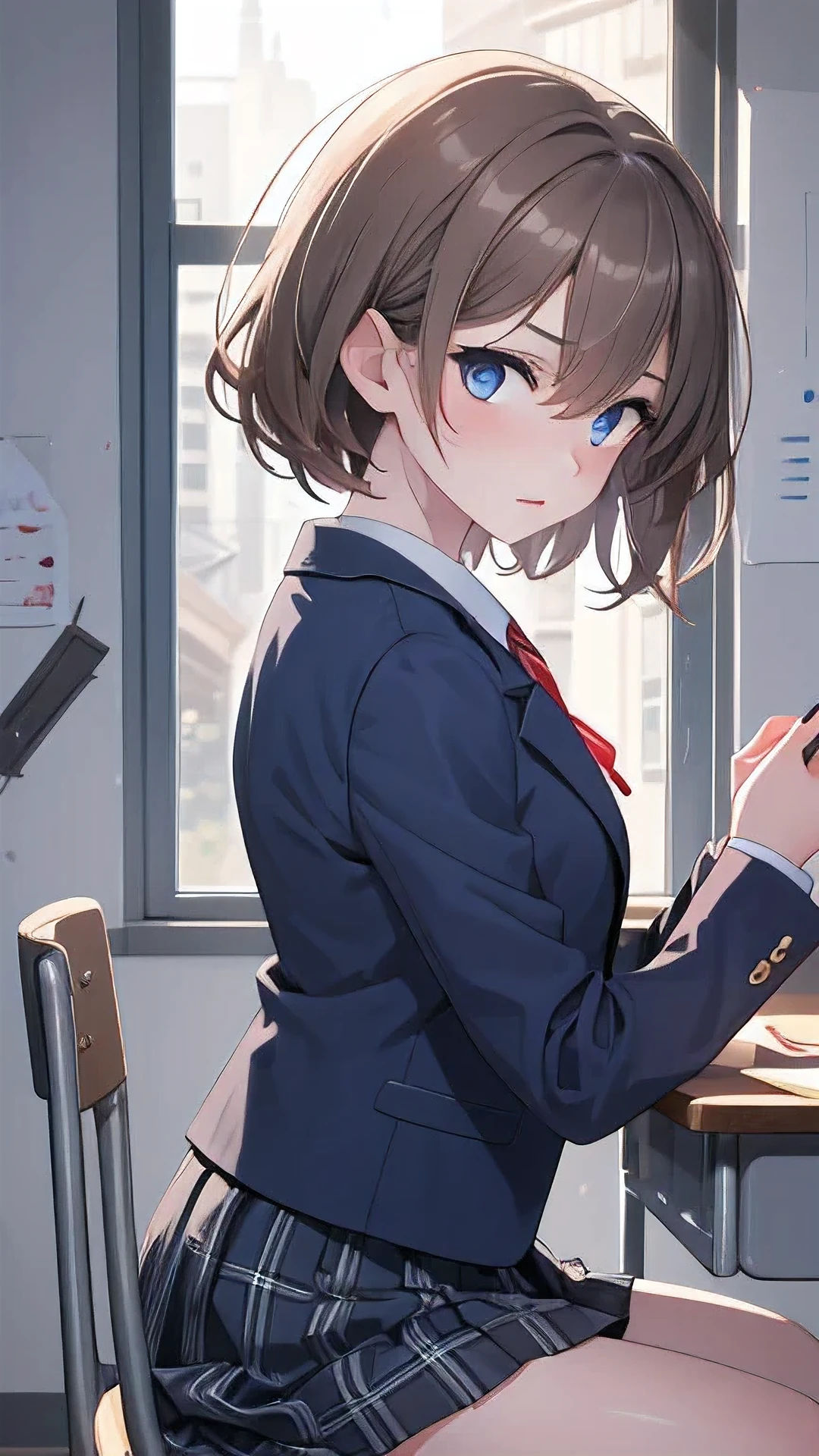 1girl, romantic academia, (masterpiece, best quality, ultra-detailed:1.2), 18yo, short, slender body, pale skin,
big eyes, droopy eyes, (cobalt blue eyes:1.1), light brown hair, {shoulder length hair}, hairs between eyes, BREAK,
long sleeves, (school uniform), (blown blazer:1.1), navy skirt in plaid skirt,
serious look, embarrassed, BREAK,
in the classroom, with a desk, with a chair, sitting on chair, upper body,
upper body, looking at viewer, left side view, intense closeup shot,