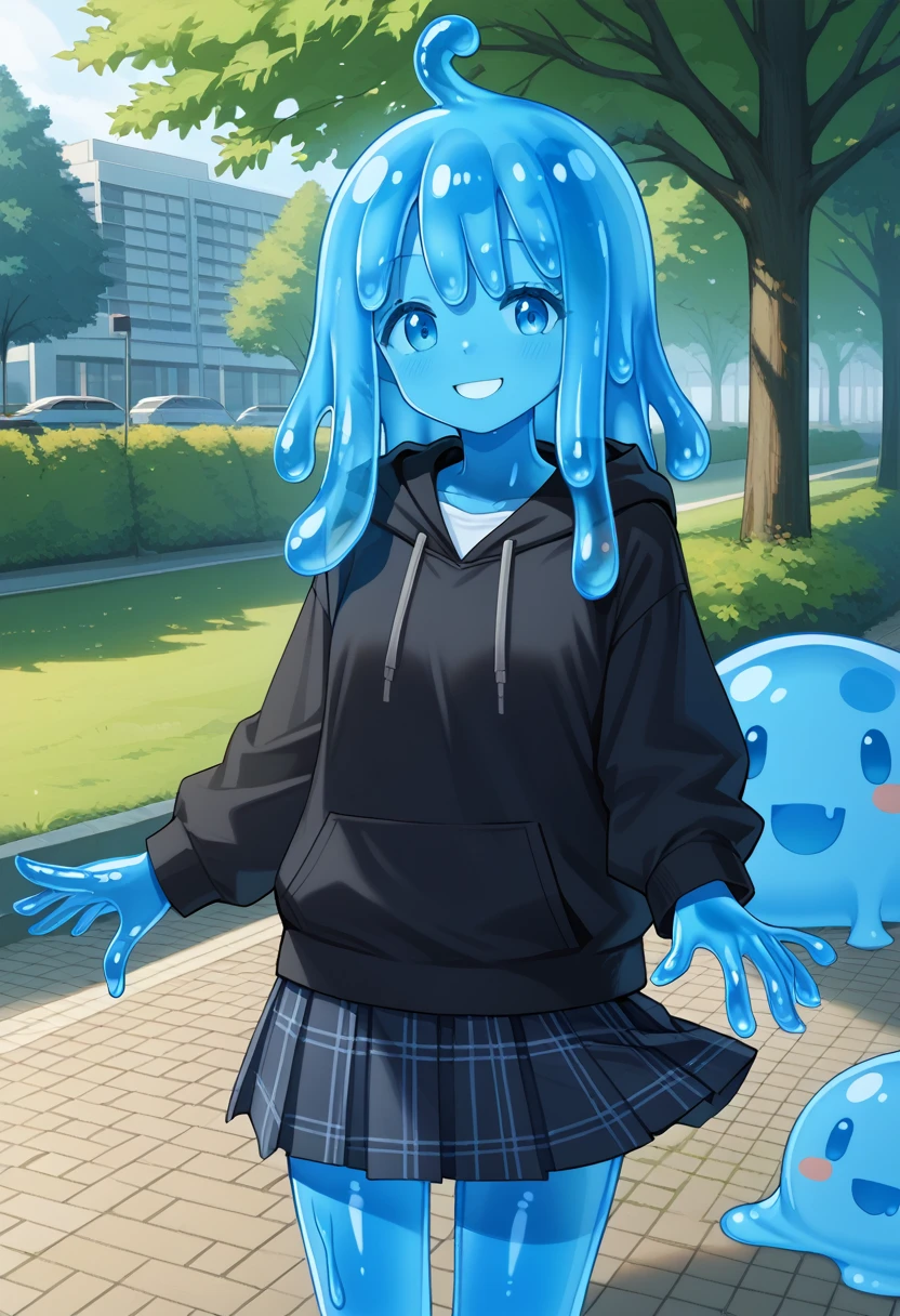 (source_anime:0.6), (score_9:0.3), (score_8_up:0.3), (score_7_up:0.3), slime girl, smile, hoodie, skirt, blue skin, slime hair, park