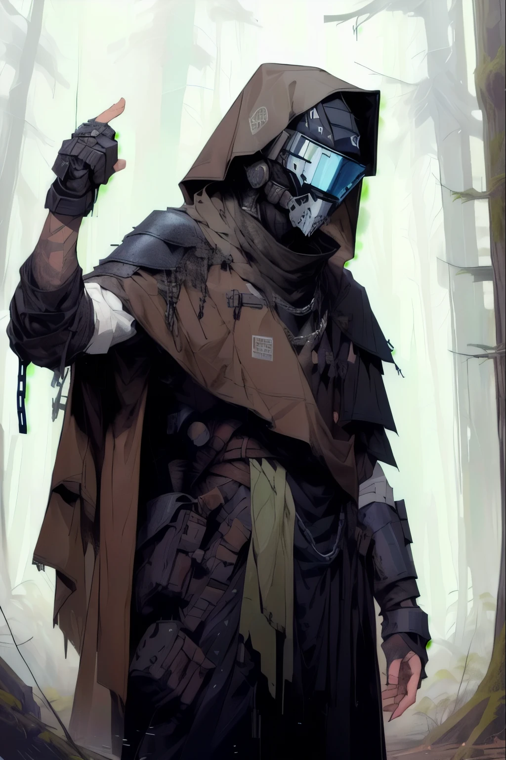 a person in a forest, standing to the right, militia/soldier, at attention, wearing tattered matching robes, has a black mask with a chain veil attached to it that completely conceals face, wears a cowl, goggles, hood, has torn and tattered robes underneath scrappy leather armor, tattered shoulder cape similar to a simar, hand reaching out, leather wrap bracers around forearms. flat shading, drawing outlines, apocalyptic