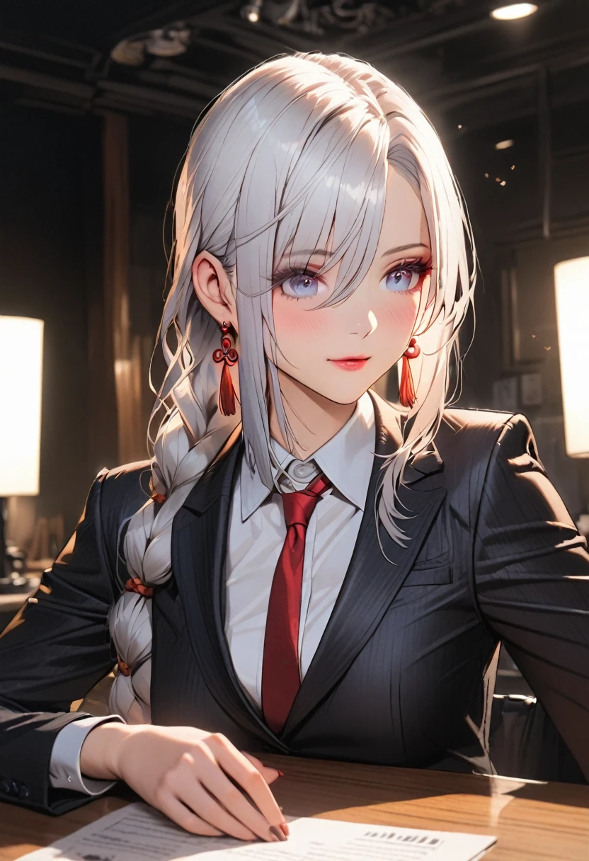 A woman in a business suit, pencil skirt, blazer, and dress shirt with tie, full body shot, elegant, professional, formal,studio lighting, high quality, photorealistic, detailed, intricate, sharp focus, cinematic, indoors, office setting,  shenhe, blue eyes, braided ponytail, earrings, eyelashes, eyeliner, eyes visible through hair, eyeshadow, hair between eyes, makeup, red eyeshadow, sidelocks, single earring, symbol-shaped pupils, tassel, tassel earrings, white hair, long hair,