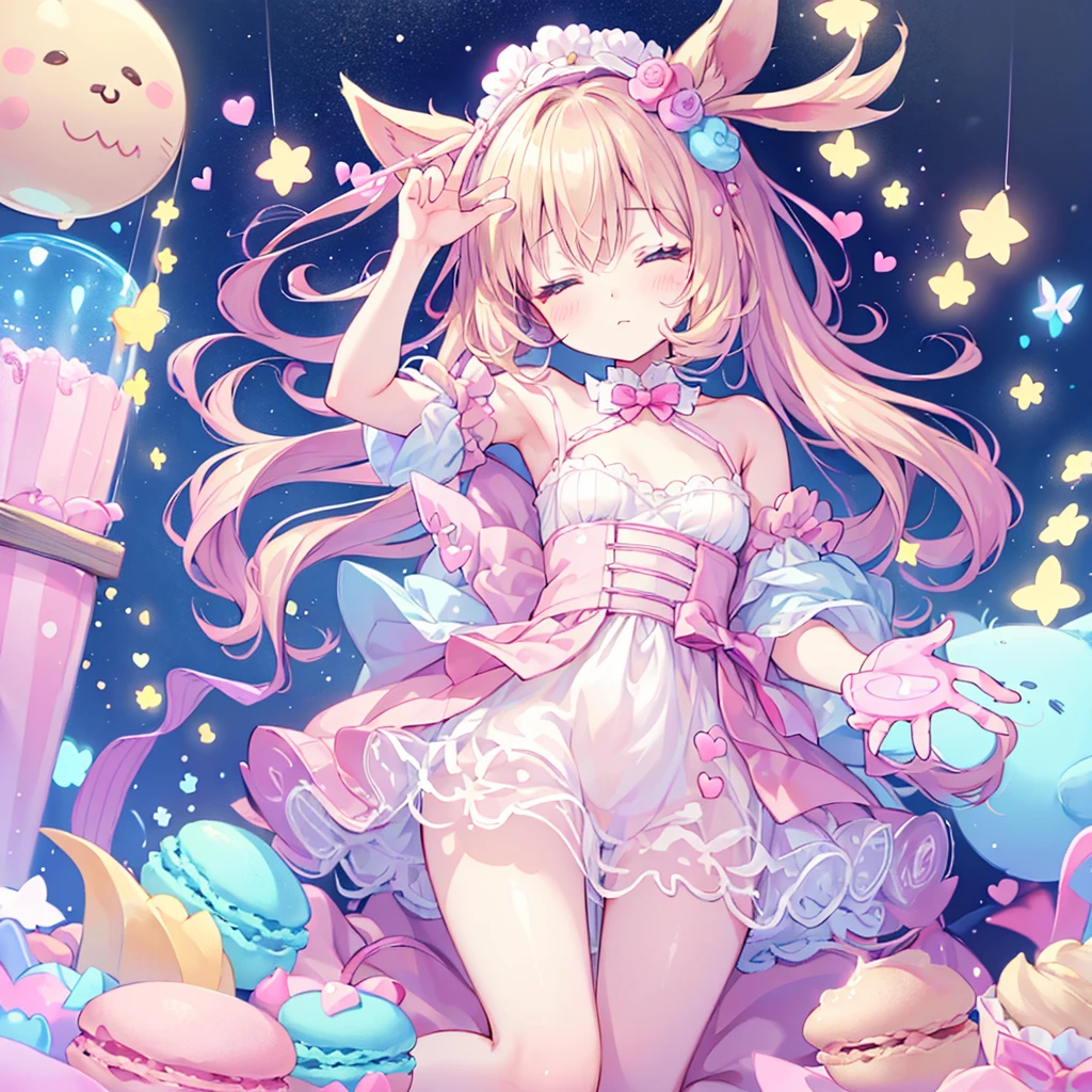 beautiful illustrations, highest quality, pretty girl, pastel colour, fluffy rabbit ears, , pink long hair, rabbit stuffed, pale pink eyes,party,dress,Luxury Viking,cake