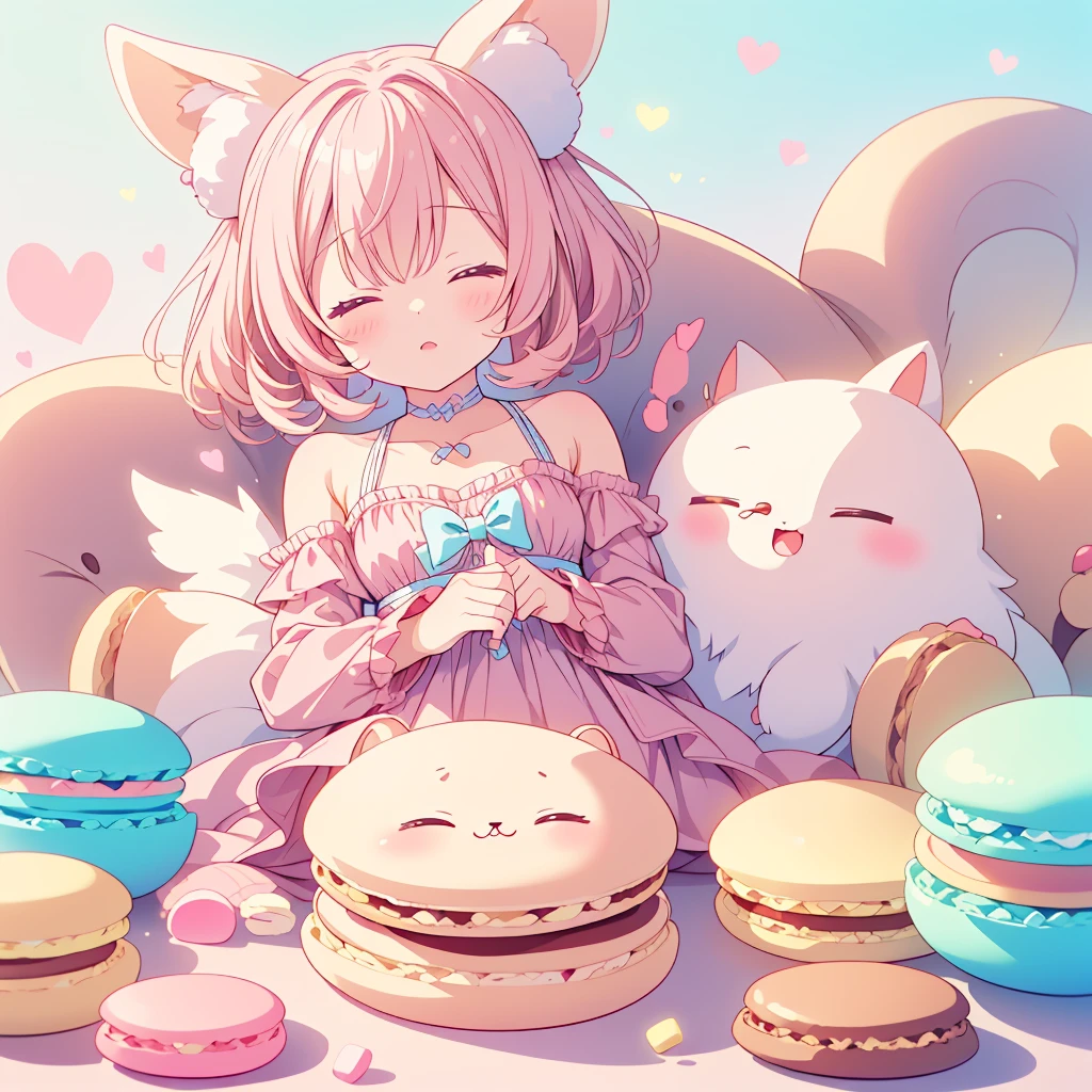 One Girl, Chibi、cute、Chibi、色とりどりの重なったMacaroonsクッションの間にねむっているChibi***、Small stuffed rabbit, Costumes, albino, Close your eyes,  Sleeping Peace, Marshmallow Bed、Heartwarming、Cute and relaxed、kind、Fluffy、Macaroons、Pastel colors、Heartwarming、Too cute,kawaii tech,cupid tech,