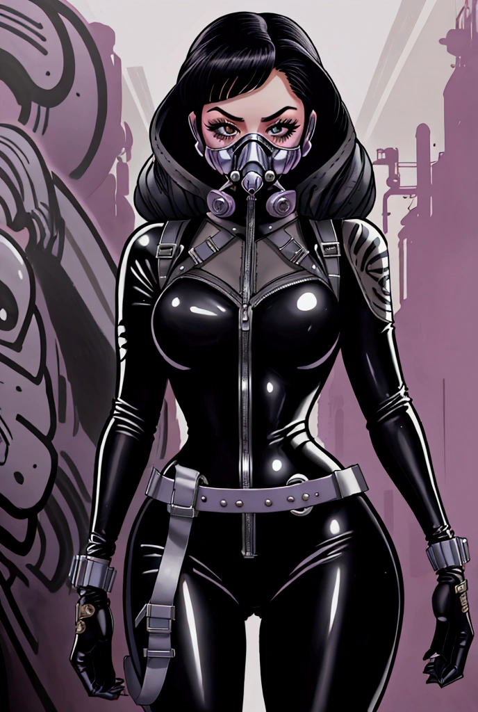 Selena Quintanilla as a cartoon no-limits gas mask wearing graffiti artist with a black zentai and a silver belt 
