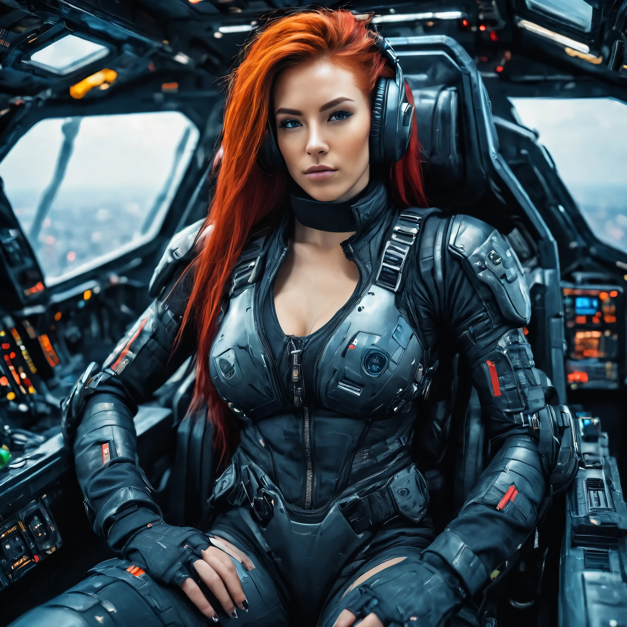 Highly detailed photo of a young girl, Cyberpunk, Futuristic, Red longhair, military clothes, Cyberpunk bodysuit, 8K Ultra HD, Original photo, Model Photoshoot, Detailed skin, Skin imperfections, (Photographed from directly in front), (Female pilot sitting at the cockpit of a futuristic spaceship), (Looking into the camera), Muscular, headset, enormous and saggy breasts, harness, upper body