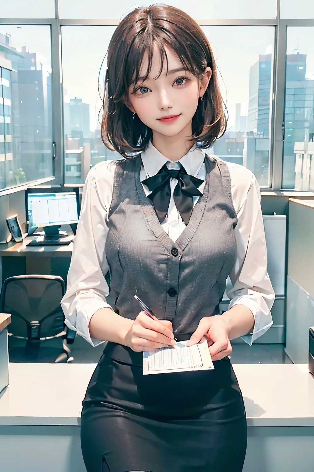 1 Woman Standing, office worker, reception, (White and grey checked vest:1.2) (Navy pencil skirt) bow tie, Mature Woman, /(short hair、Light brown hair、Blonde hair/) Beautiful forehead, A gentle blushing smile, (Masterpiece of the highest quality:1.2) Delicate illustrations, super detailed, Big Break (Modern office indoors), Cityscape of windows, Detailed Background