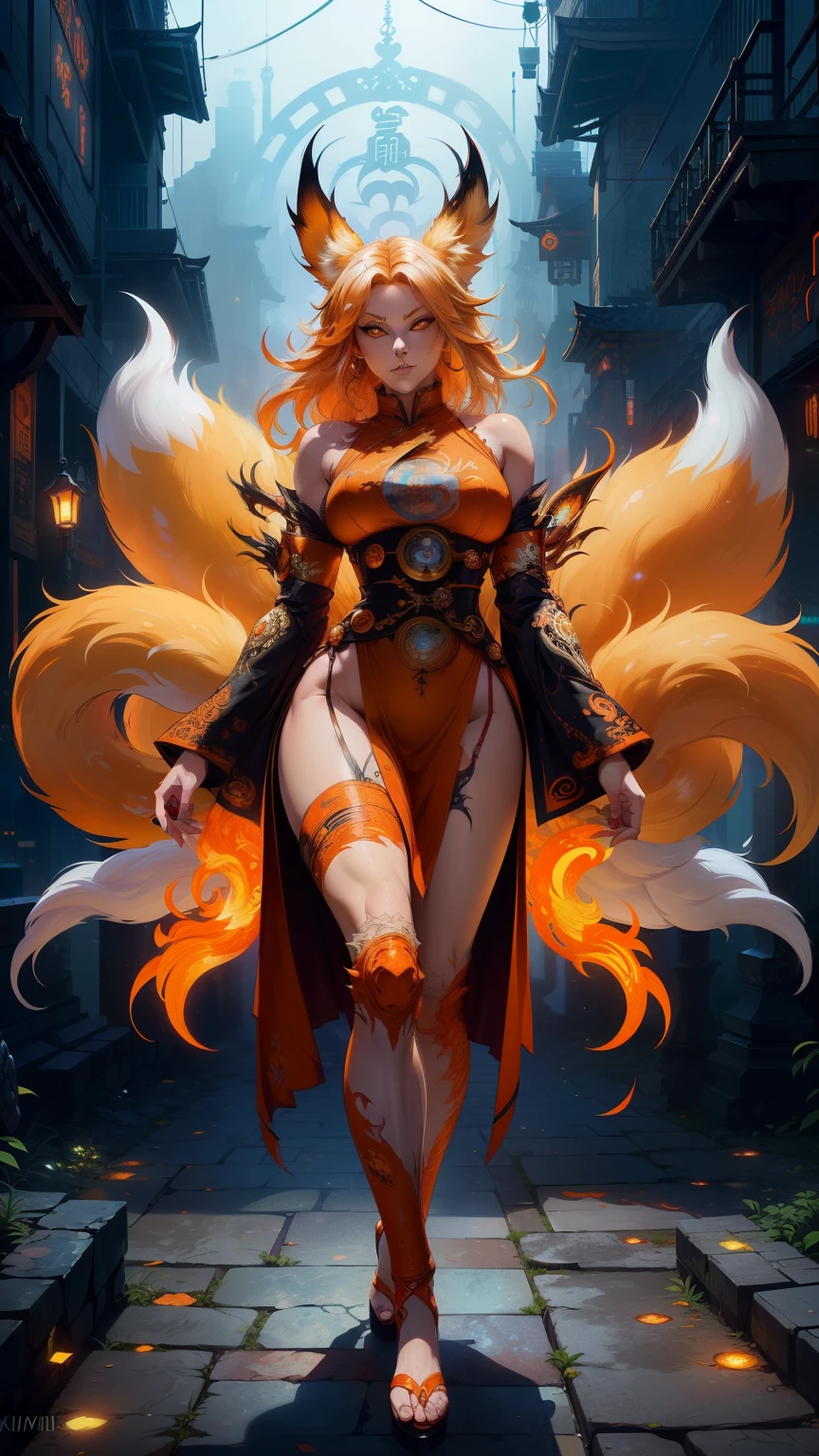 fox, (monster girl), orange fur, light-yellow fluffy hair, light-yellow fluffy chest fur, light-yellow super fluffy tail, blue eyes, long orange ears, wearing casual clothing, standing in a firestorm, masterpiece, best quality