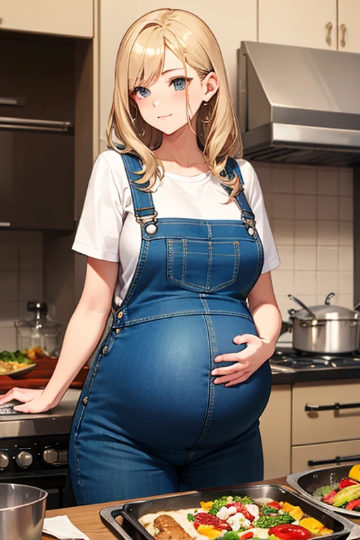 Beautiful pregnant farmers wife, denim overalls, cooking, kind, gentle, motherly