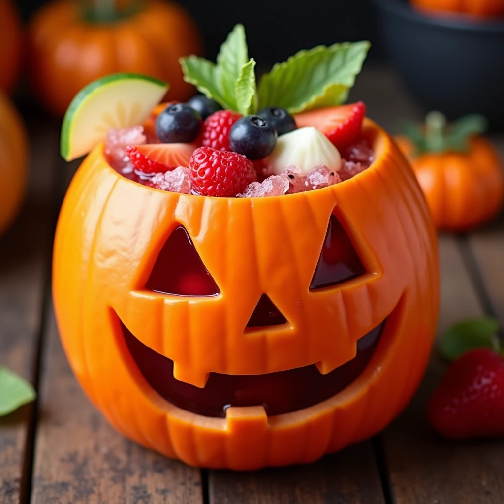 A fresh and delicious looking fruit punch served in a jack-o'-lantern