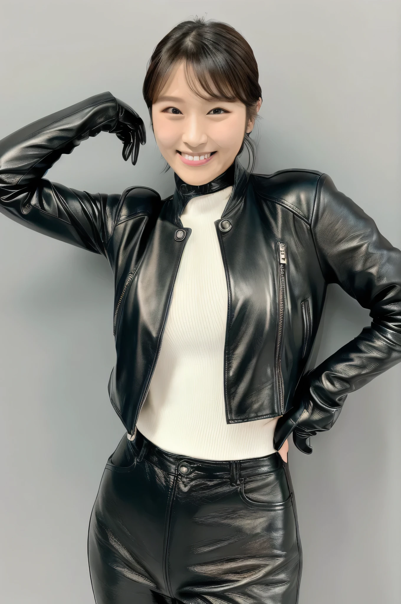 black leather rider jacket, No background, No background,Black leather gloved fingertips on both hands,Wearing black leather gloves, Japanese female new recruits (Black leather gloves cover both hands) (The angle is horizontal)、Black Leather Skinny Pants,Black Leather Skinny Pants,Black Leather Skinny Pants、Long black leather boots on both feet、Black long hair ((She wears black leather gloves on his hands))Full Body Photo,full body shot full body full body leather suit,If you turn in this direction Wearing black leather gloves,Wearing black leather gloves,Wearing black leather gloves,Wearing black leather gloves,Wearing black leather gloves,Wearing black leather gloves,standing Full body picture,Smiling while looking at me,Detailed lighting,female Best image quality、Ultra-high resolution、(Realism:1.4)、Japanese Beauty Star、The most beautiful stars、face、Horny Makeup、A body that makes you want to touch it、Realistic leather texture、Costume made of smooth leather fabric、The drape of the curved parts of the leather fabric、The costume has a strong shine、costume quality、8K Photo Quality