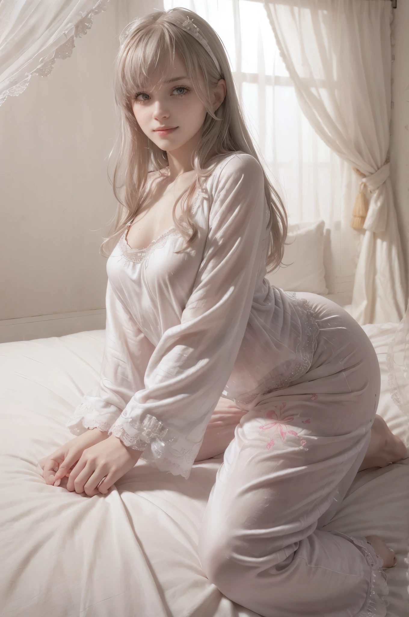 photo of mariya with long blonde hair, bang, NSFW, (petite:1.4), wearing (silver pajamas:1.3), (mastrubating:1.8),  on bed in a cute girly bedroom adorned with pastel hues and playful decor. The walls are painted in soft pinks or lavender, with a delicate floral or heart-patterned wallpaper as an accent. A canopy bed with sheer, flowy curtains creates a dreamy atmosphere. Plush stuffed animals and fluffy throw pillows in various shades of pink adorn the bed,
realistic, photorealistic,
High quality, RAW photograph, detailed background, intricate, highly detailed, sharp focus, high resolution, 8k, uhd, dslr, realistic eyes, perfect eyes,