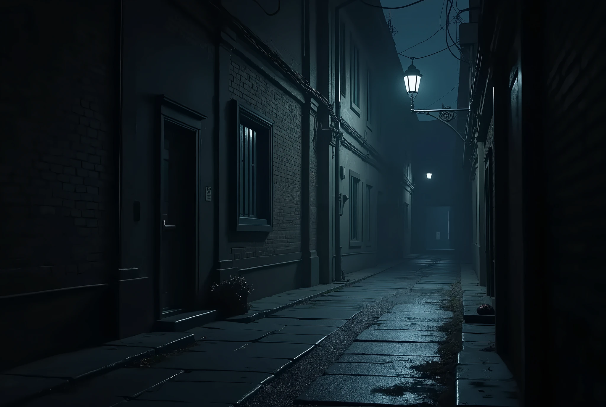 There is a dark alley with a light on the side of it - SeaArt AI