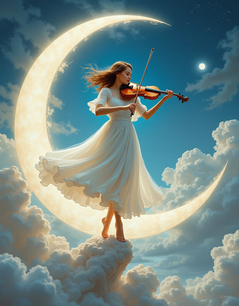 A beautiful girl dancing gracefully in a white dress，Playing the violin，Balancing on a crescent moon in a surreal and dreamy sky。从 1912 年之前的Surrealism绘画中发现的强烈、Inspired by weird visuals，Rendering the composition，Shows melted elements that appear to drip and deform smoothly。Using a digital painting style should capture the scene，Like watching through long exposure technique，Create a sense of continuous movement and transformation。Mysterious and ethereal picture，The soft moonlight fills the surroundings，Use soft brushstrokes to render the whimsy and enchantment of the moonlight fantasy，Realism，photography，Monet，Rococo style，Surrealism，Ethnic art，graphic design，Game texture，Delicate facial features, anatomically correct, textured skin, accurate, award winning, UHD