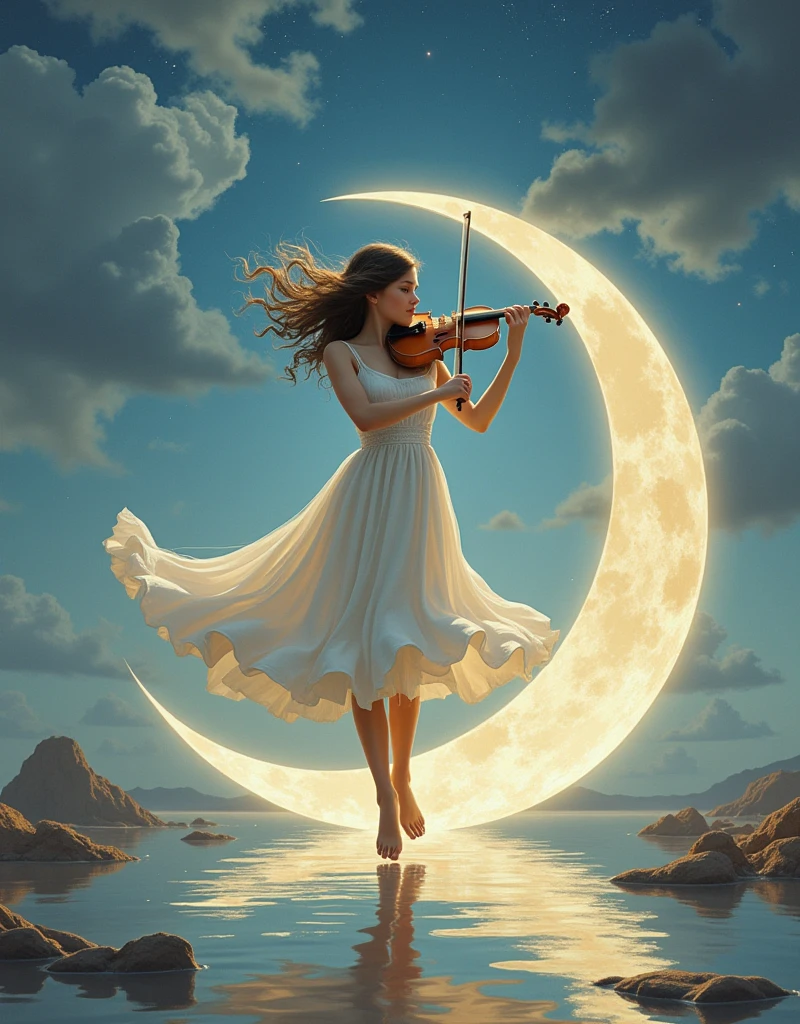 A beautiful girl dancing gracefully in a white dress，Playing the violin，Balancing on a crescent moon in a surreal and dreamy sky。从 1912 年之前的Surrealism绘画中发现的强烈、Inspired by weird visuals，Rendering the composition，Shows melted elements that appear to drip and deform smoothly。Using a digital painting style should capture the scene，Like watching through long exposure technique，Create a sense of continuous movement and transformation。Mysterious and ethereal picture，The soft moonlight fills the surroundings，Use soft brushstrokes to render the whimsy and enchantment of the moonlight fantasy，Realism，photography，Monet，Rococo style，Surrealism，Ethnic art，graphic design，Game texture，Delicate facial features, anatomically correct, textured skin, accurate, award winning, UHD