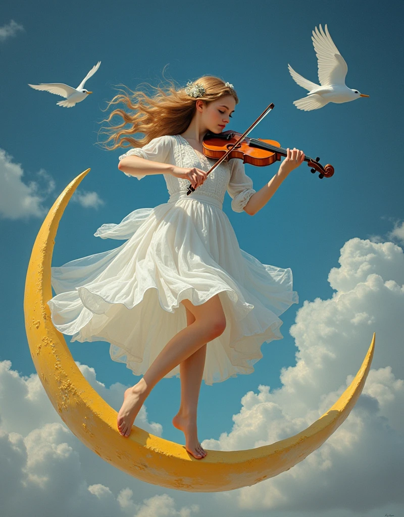 A beautiful girl dancing gracefully in a white dress，Playing the violin，Balancing on a crescent moon in a surreal and dreamy sky。从 1912 年之前的Surrealism绘画中发现的强烈、Inspired by weird visuals，Rendering the composition，Shows melted elements that appear to drip and deform smoothly。Using a digital painting style should capture the scene，Like watching through long exposure technique，Create a sense of continuous movement and transformation。Mysterious and ethereal picture，The soft moonlight fills the surroundings，Use soft brushstrokes to render the whimsy and enchantment of the moonlight fantasy，Realism，photography，Monet，Rococo style，Surrealism，Ethnic art，graphic design，Game texture，Delicate facial features, anatomically correct, textured skin, accurate, award winning, UHD