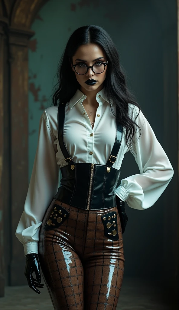 Masterpiece, highest quality, high resolution, extreme detail, 1 woman, 18 year old female with dark skin bent over a table, chest on table, dark skin, large breasts, dark lips, eye liner, blushingSIX cheeks, long black hair in 2 very large pony tails, khaki gingham skirt, lace panties, white thigh high stockings, (suspenders:1.5), steampunk hat, garter belt 6 straps, glasses, seductive look, looking at camera, 3/4 long shot, cowboy shot, greenhouse, flowers, next to large windows, stained glass windows, hotel room location