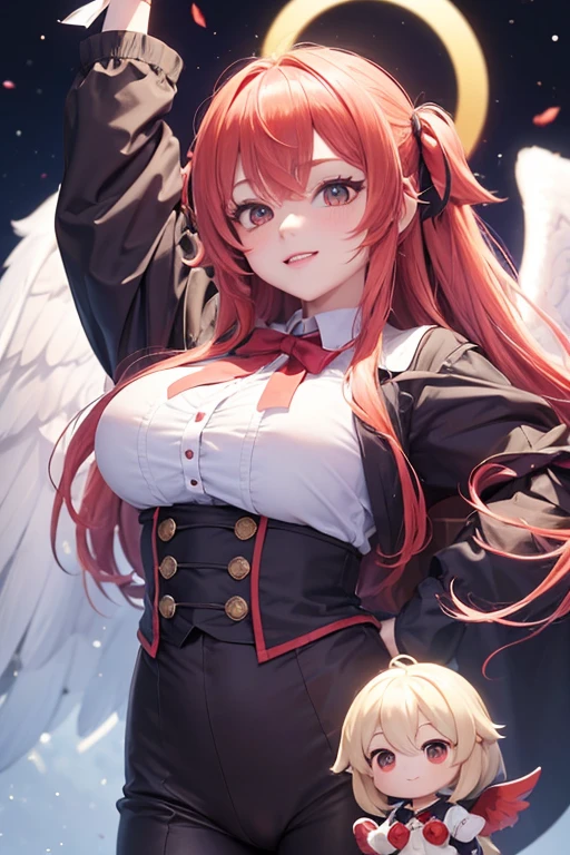 orange hair, orange eyes,girl,Pigtails with the ends tied up,laugh,No panties,light and cute,halterneck,White dress,pink cardigan,Nissocks,Angel Wings,angel ring,leaking semen,spread your legs,drooling,loose eyes,big bust