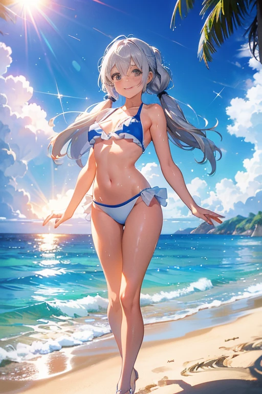 1 girl, Being on the beach, Full Body Standing, Sexy pose, Sun Shine Beam, blue sky, White cute bikini, Shiny reflective clothing, Moderate Blessing, Long silver hair, Twin tail hair, Drop your eyes, Drop Smile, Wet, Splash, water, Dutch Angle, Lenz Flare, Depth of written boundary, twist, Bokeh, Glitter Effect,